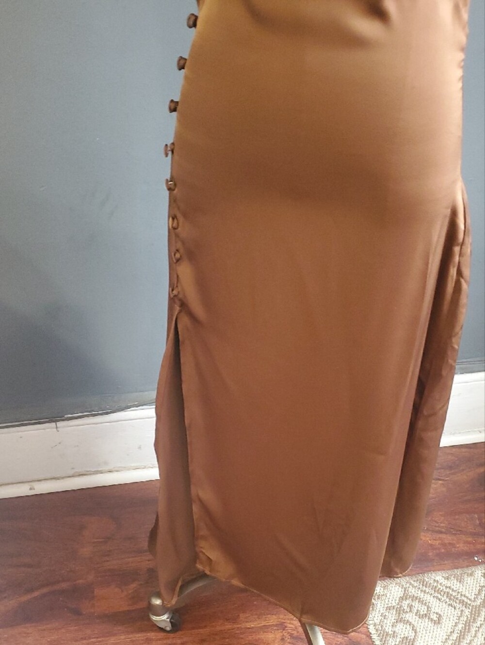 Chocolate Satin Slip Feel Slip Dress with Side Button Slit - Picture 4 of 17